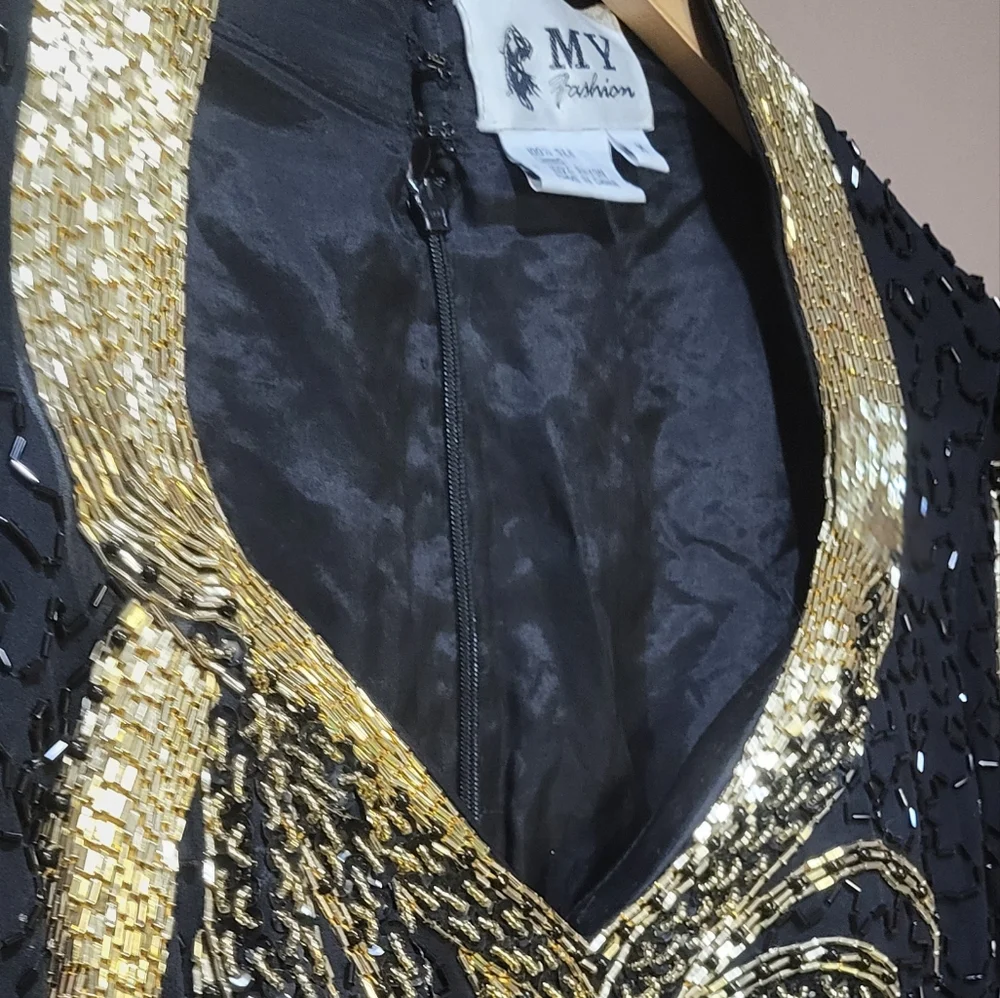 Vintage black & gold full length silk beaded formal gown - Picture 2 of 13